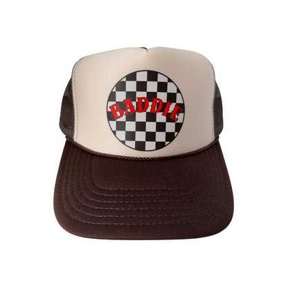 Brown Trucker Hat with Checkered Logo