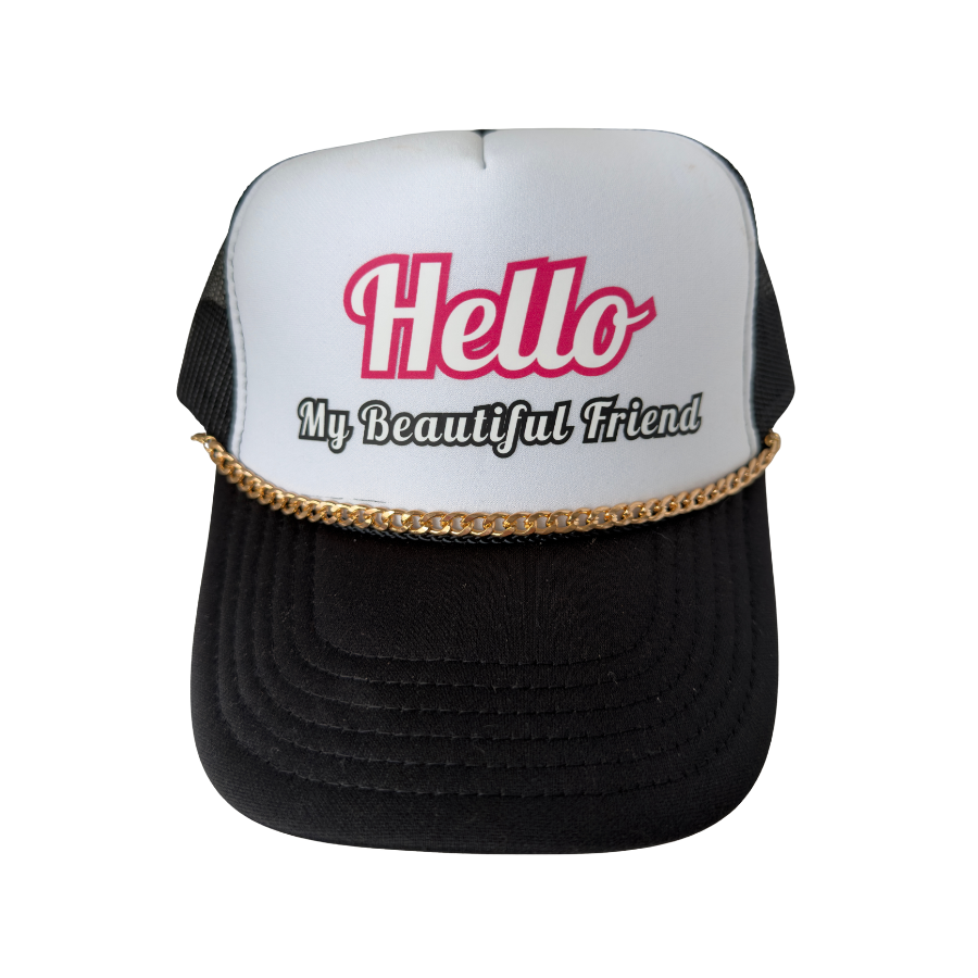 Hello My Beautiful Friend Black Trucker Hat Flatlay