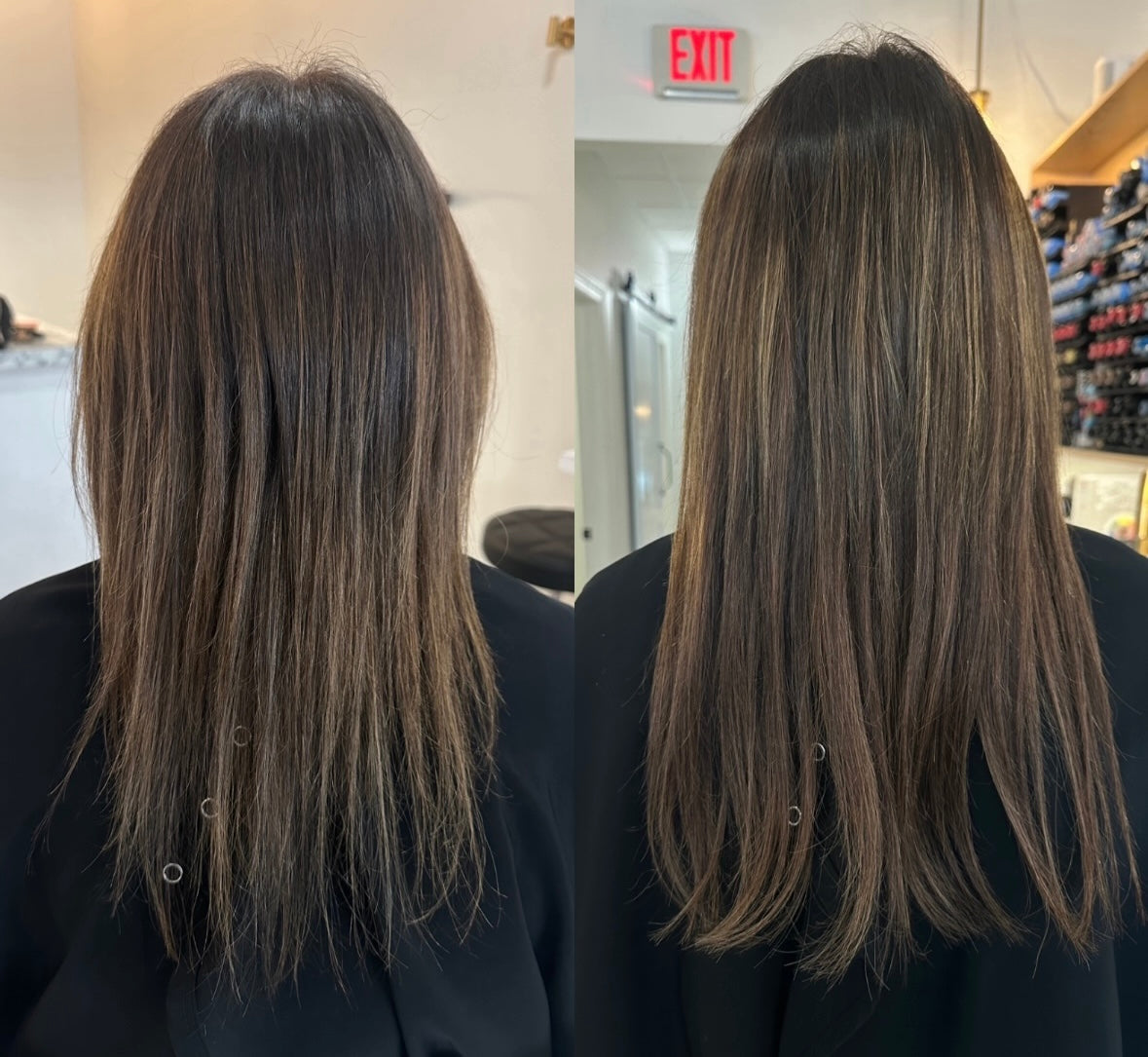 Dark chocolate root balayage to caramel highlights hair extensions