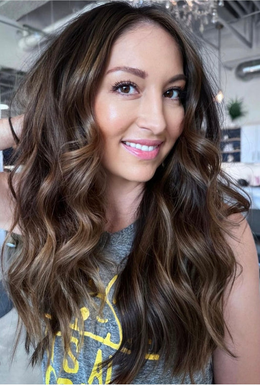 Dark chocolate root melted to caramel highlights hair extensions