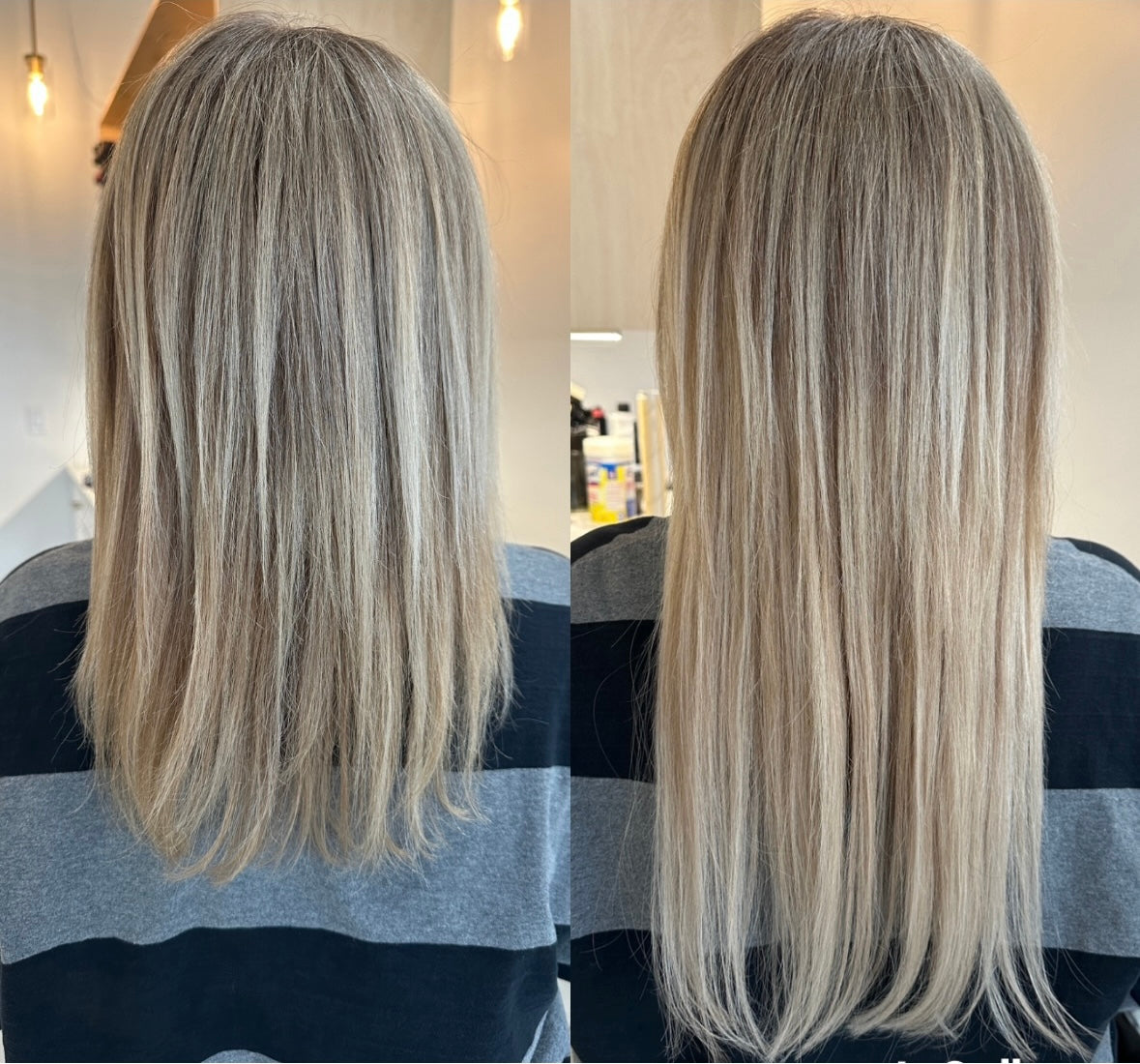 White blonde hilights blended with a neutral lowlight hair extensions before and after
